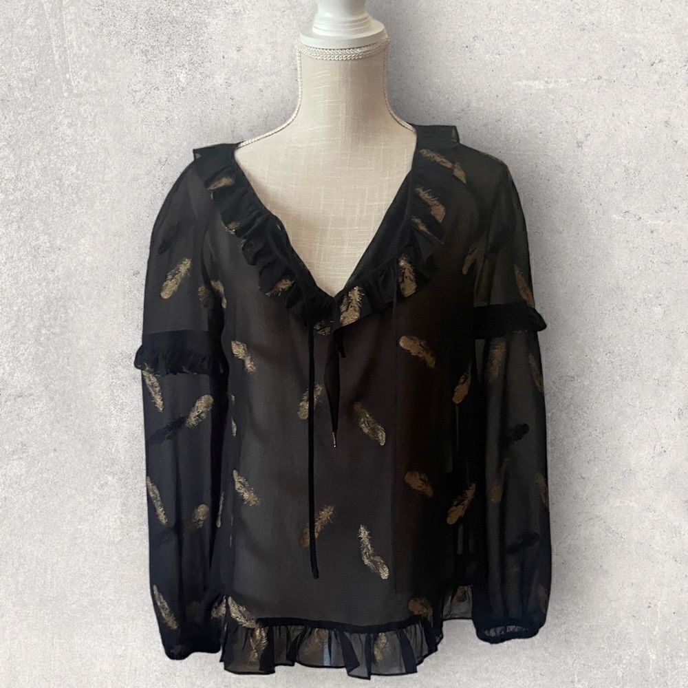 The Kooples | EUC Women’s Metallic Feathers Muslin Top in Black Size M